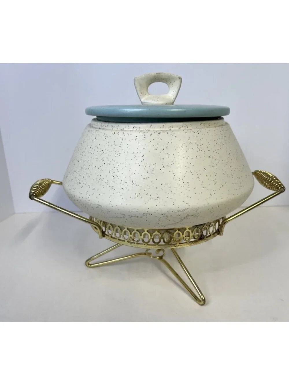 Vintage 1956 California Pottery Casserole Atomic Stand Speckled White MCM Dish